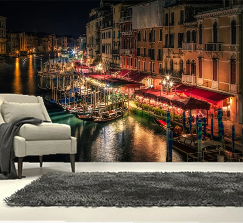 The custom 3D murals,Venice Canal Night Street lights Cities wallpapers , living room sofa TV wall bedroom wall paper