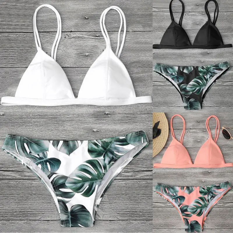 

Sexy Bra Sets new Women Print Leaves Push-Up Padded Low Waist Bathing Beachwear Biquini 7 Color Bra