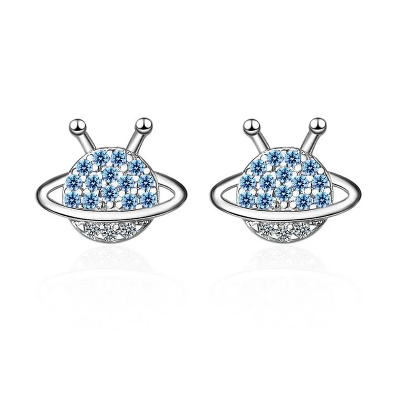 

KOFSAC Cute 925 Sterling Silver Earrings Women Jewelry Unique Zircon Blue Planet Stud Earring Girl Valentine's day Accessories