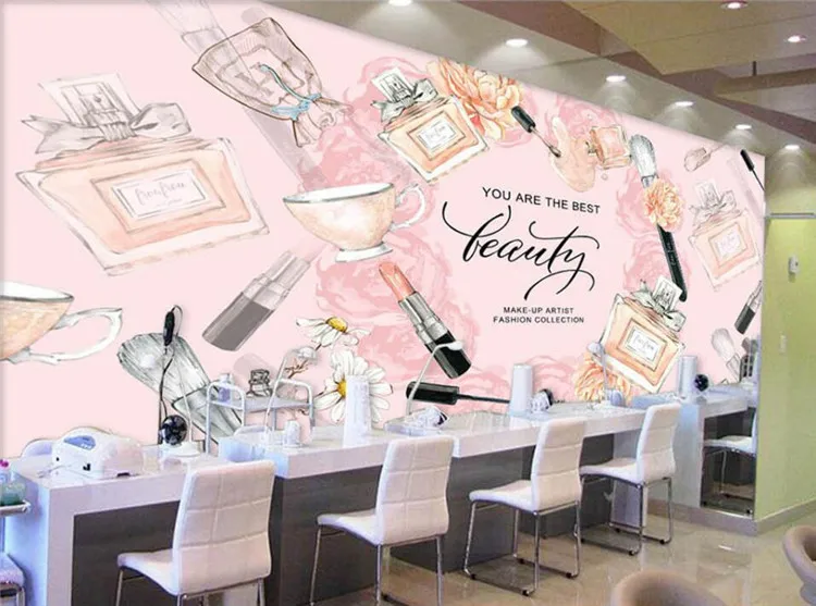 

Europe and the United States hand-painted cosmetics make-up shop backdrop custom large mural green silk wallpaper