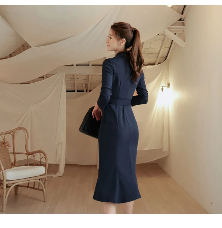 Осень и зима новое поступление Модное Элегантное корейское Платье женское двубортное платье с длинным рукавом и зубчатым воротником vestidos