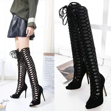 Women Cut-outs High Heel Sandals Gladiator Sandals Knee High Cool Boots Sexy Woman Summer Sandals Party Shoes Plus Size 40 Black