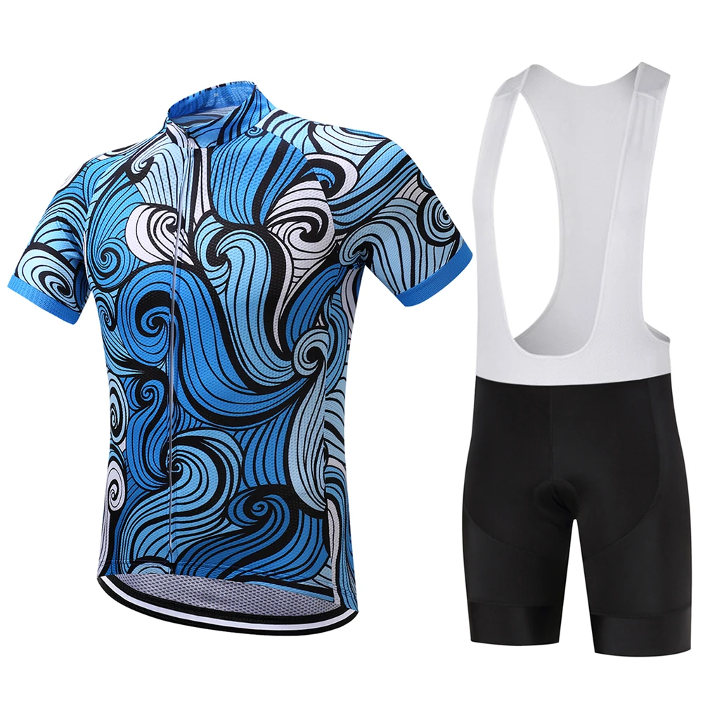 Unique Blue Art Waves Pattern Cycling Jersey And Bib Shorts Kit Quick