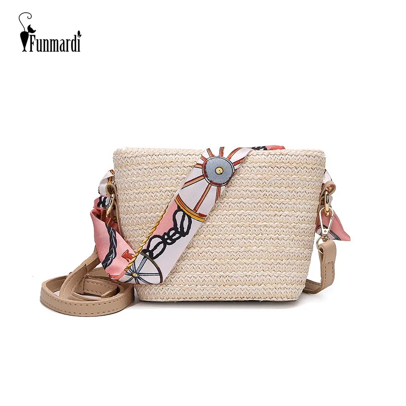 FUNMARDI المنسوجة صغيرة Crossbody حقيبة المرأة شاطئ حقائب قش الصيف حقيبة كتف بتصميم بسيط الإناث الشريط مقبض حقيبة يد المرأة WLHB1880