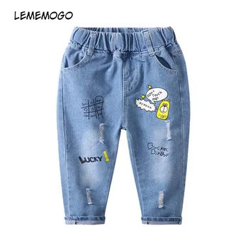 

lememogo Fashion Pattern Boy's Jeans Girls Summer Hole Cartoon Sports Pants Baby Kids Elastic Waist Trousers Children's Jeans