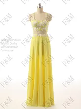 2016 FM Zweiteilige Chiffon-kleid Sleeveless Schatz A-line Bodenlangen Appliques Gelb Lange Abendkleider Nach Maß