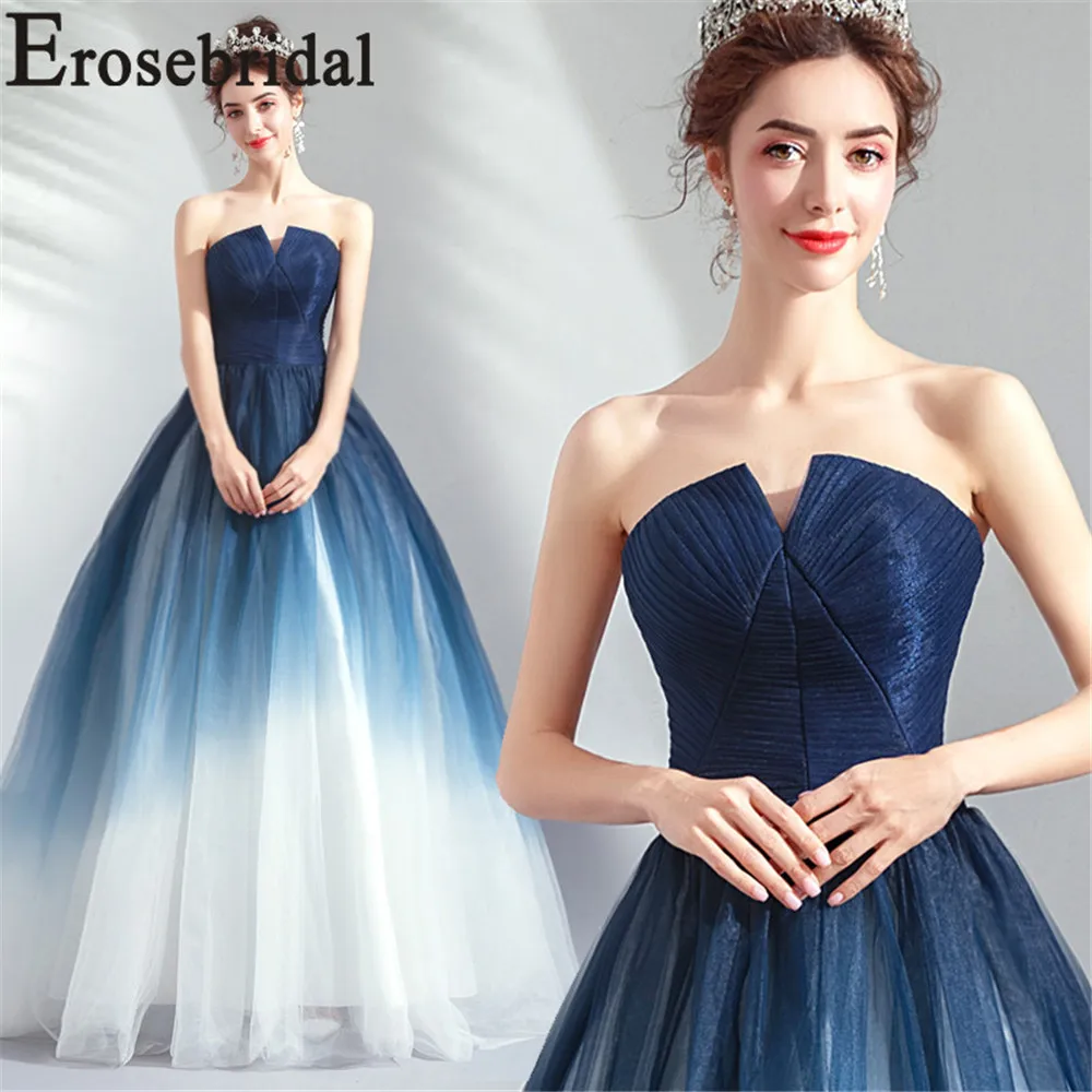 Erosebridal 2019 Contrast Color Blue White Evening Dress Long Elegant Formal Women Party Prom Gown with Lace Up Back Pleat Body