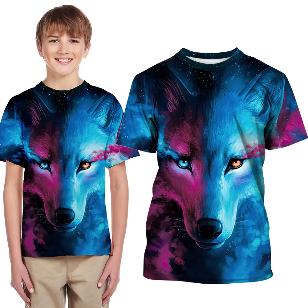 

blue Wolf digital printing boys and girls T-shirts European and American children wear short-sleeved sweatshirts Short Unisex