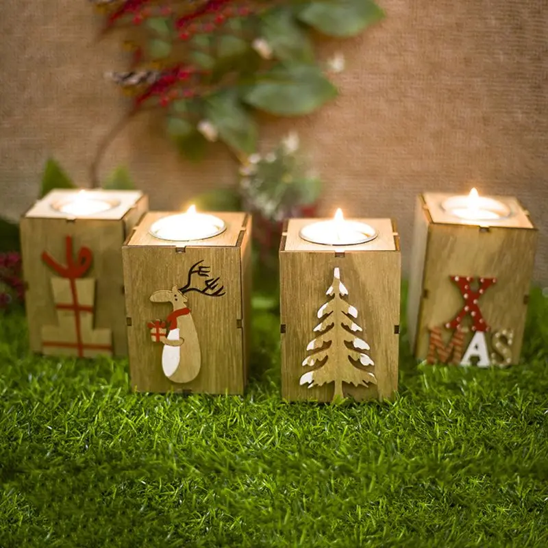 Mini Hollow Out Wooden Candle Holder Vintage Christmas Decoration
