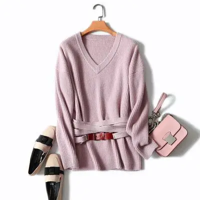 Shuchan женский зимний топ корейский кашемировый женский свитер с v-образным вырезом и поясом толстый теплый вязаный свитер для женщин 18404 - Цвет: Розовый