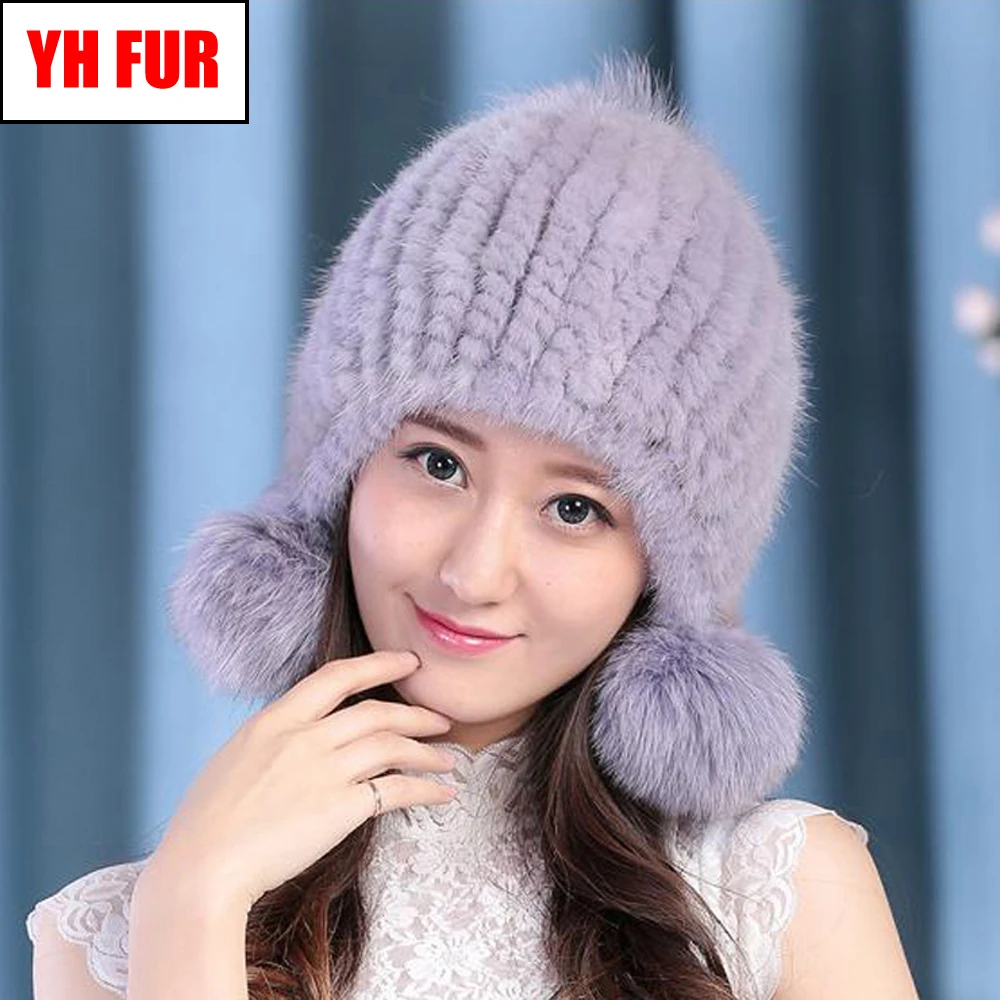 

New Fashion Women Genuine Real Mink Fur Hat Winter Warm Elastic Real Mink Fur Beanies Caps 100% Natural Knitted Mink Fur Cap
