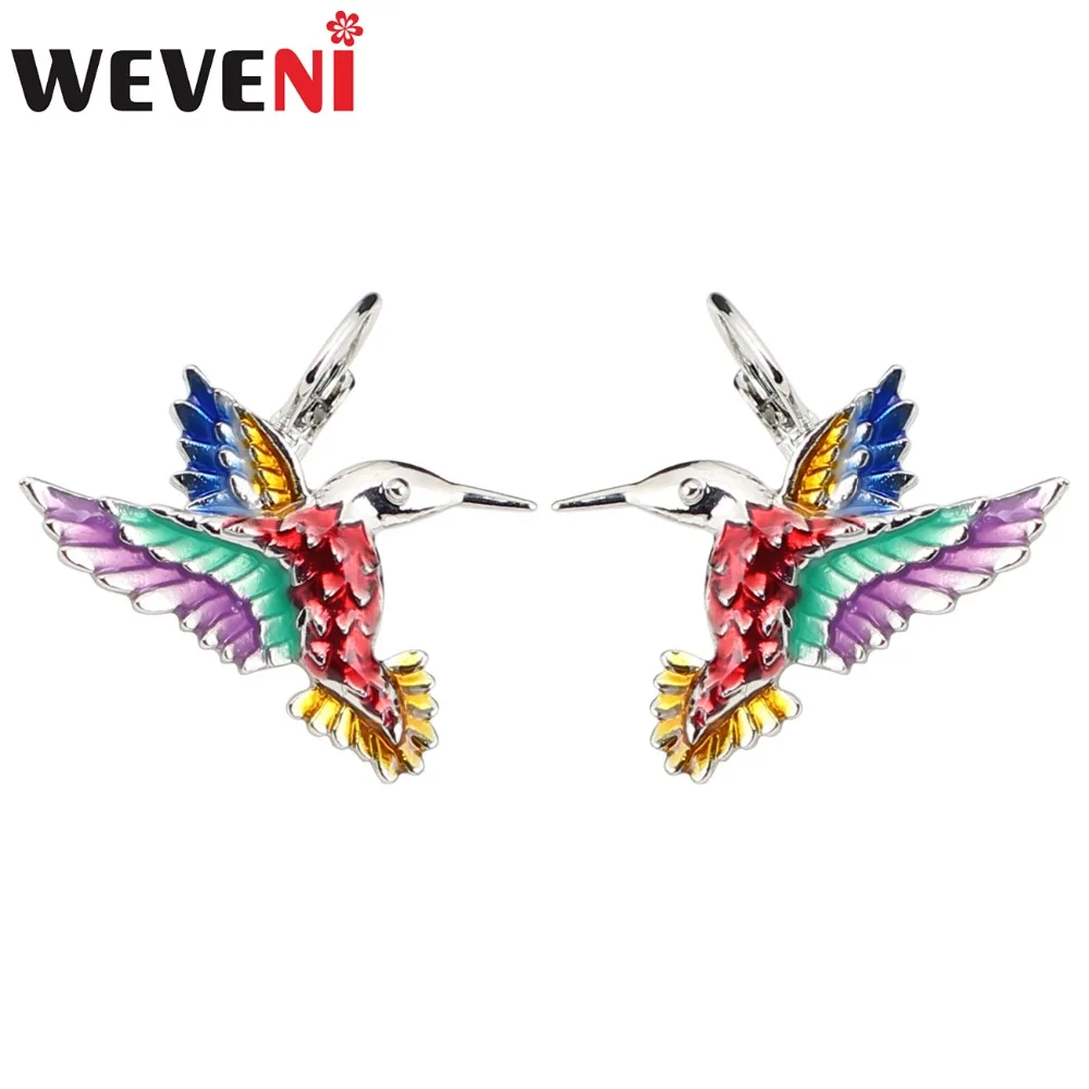 

WEVENI Statement Enamel Alloy Floral Hummingbird Stud French Clip Earrings Fashion Animal Jewelry For Girls Women Brincos Bijoux