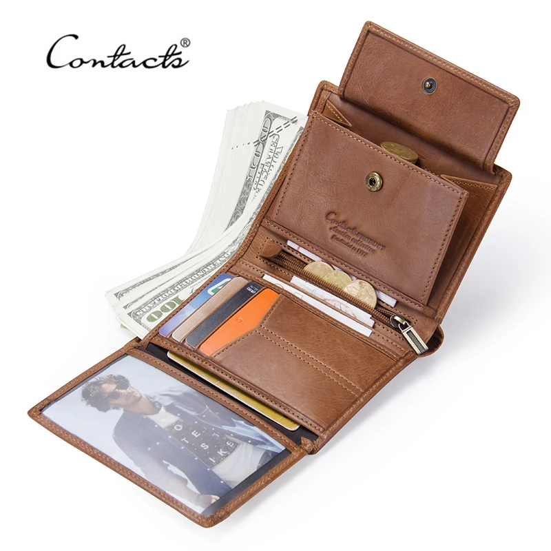 

CONTACT'S 100% Genuine Leather Men Wallet Small Zipper Wallets With Card Holder High Quality Walet Trifold Male Short Coin Purse