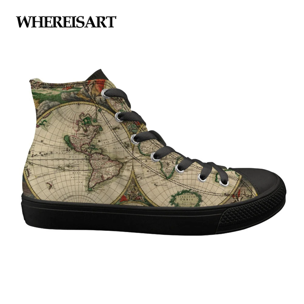 

WHEREISART 3D Retro Map Prints Classic High Top Women's Sneakers Canvas Flats Vulcanize Shoes for Ladies Casual Zapatos Mujer