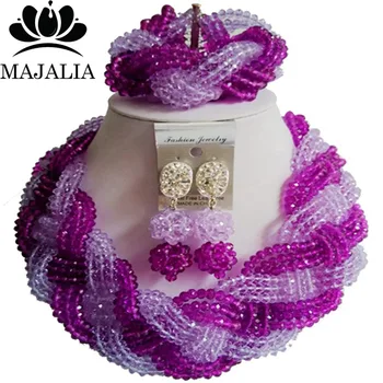 

Trendy Nigeria Wedding african beads jewelry set Purple crystal necklace bracelet earrings Free shipping VV-295