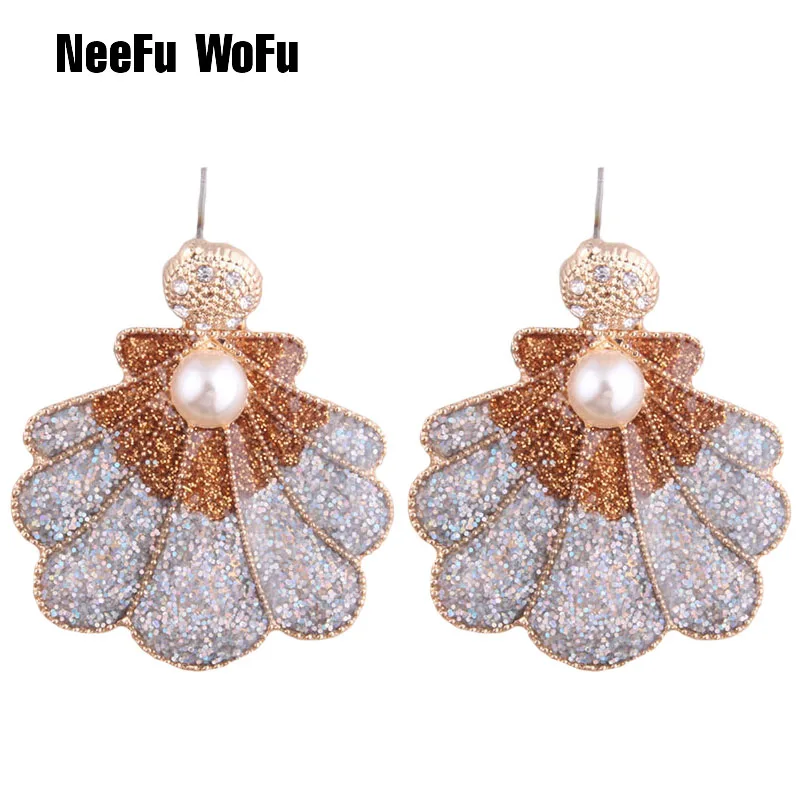 

NeeFu WoFu Drop Flash Earring Pearl Shell Big Earring Dangle Zinc alloy Large Long Brinco Printing Ear Oorbellen