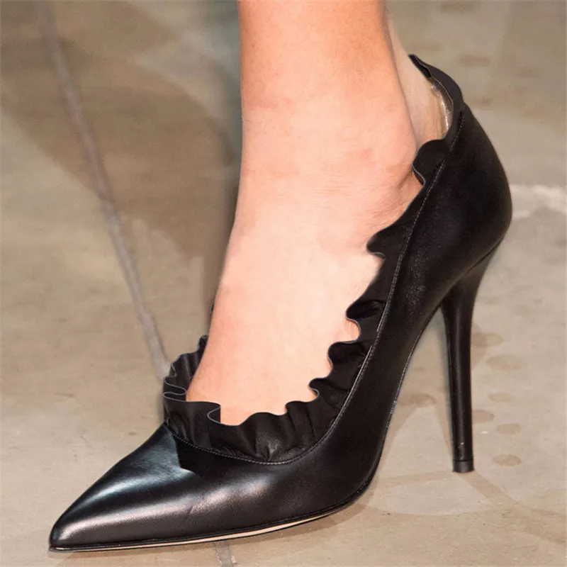 Volantes black Tacones Negro Vestir Boda Bombas Rojo Punta Delgada Mujer Plisado De red Cuero Zapatos Black Banquete Suede Real Leather AwTAqr