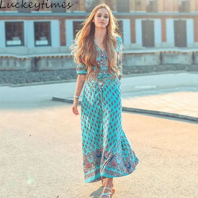 Luckeytimes 2019 été nouvelle bohème imprimer longue robe femmes plage Style bohème Maxi robes vacances Split