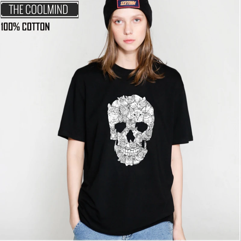 COOLMIND QI0229B 100% القطن الجمجمة طباعة المرأة التي شيرت عارضة قصيرة الأكمام المرأة تي شيرت الإناث فضفاض تيشيرت صيفي المحملة القمصان COOLMIND QI0229B 100% القطن الجمجمة طباعة المرأة التي شيرت عارضة قصيرة الأكمام المرأة تي شيرت الإناث فضفاض تيشيرت صيفي المحملة القمصان