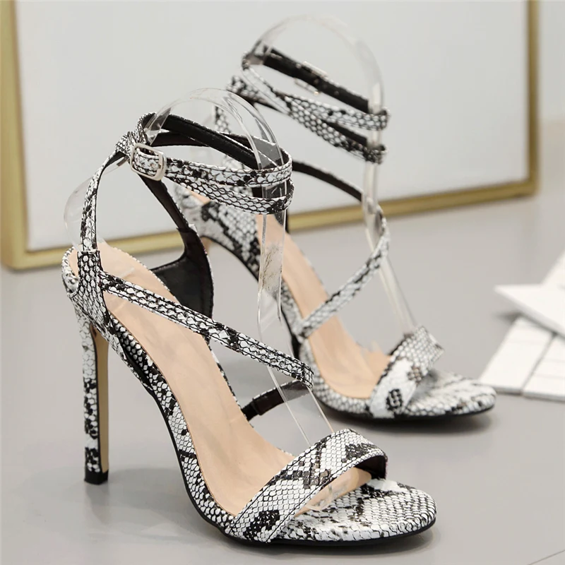 

2019 Women Summer 12cm High Heels Sandals Fetish Serpentine Leather Pumps Female Snakeskin Strap Heels Designer Scarpins Shoes