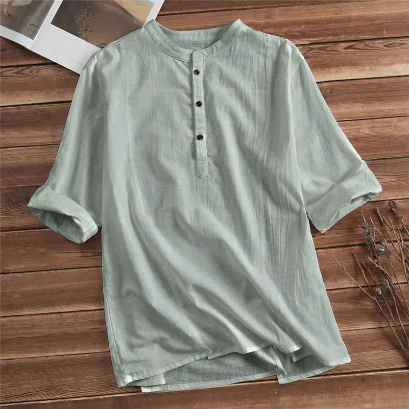 Mens Cotton Linen Shirts Casual Long Sleeve Stand Neck Tops Loose Blouse (13)