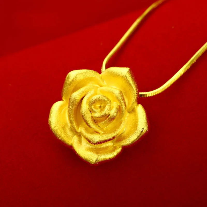 Rich Royal Golden Rose Pendant Necklace Chain Flower Women Solid 24K ...