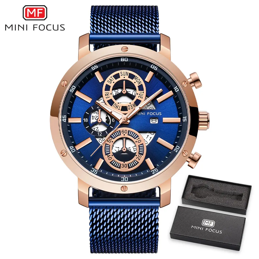 MINIFOCUS повседневные мужские спортивные часы лучший бренд Роскошные Кварцевые часы мужские сетчатый ремешок водонепроницаемые хронограф ультра тонкие наручные часы - Цвет: BOX BLUE
