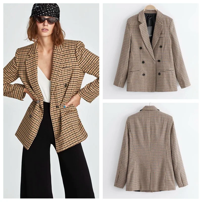 New Style Double Breasted Suit Jacket Women New Fashion Suit Casual Printing Dyeing Lattice Jacket Sexy Autumn 2019