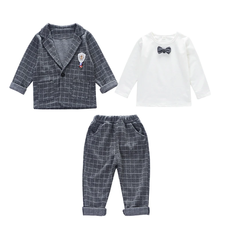 Kopen Baby Baby 2019 Nieuwe Herfst Jongens Pakken Blazers Mode Witte Shirts Plaid Tops Lange Broek 3 pcs Set Katoen Chlidren kleding Sets