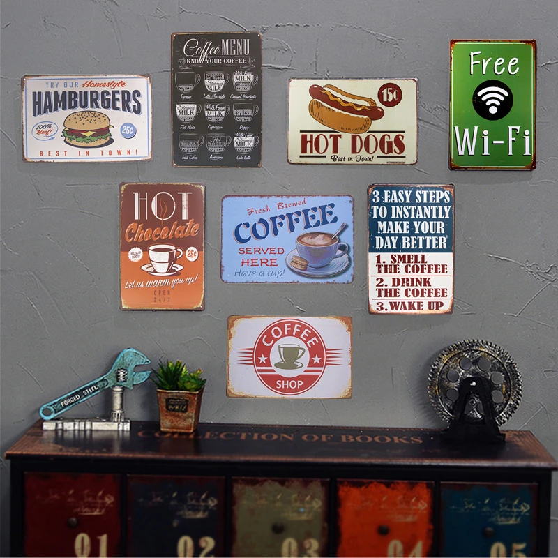 

Cafe Menu Hot Dog Hamburger Tin Sign Vintage Wall Metal Painting Art Store Restaurant Coffee Cafe Wall Stickers Decor