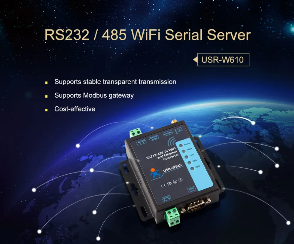 Последовательный к WiFi и Ethernet конвертер USR-W610 прозрачной передачи между RS232/RS485 и WiFi/Ethernet