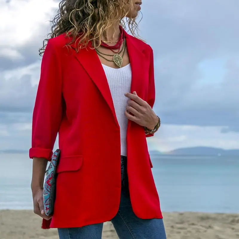 سترة النساء الخريف ملابس علوية بأكمام طويلة للربيع سترة الصلبة الجبهة مفتوحة ضئيلة معطف