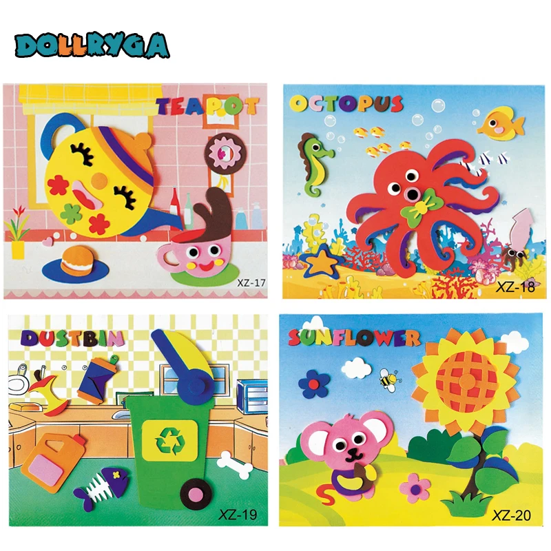 4 sets DIY Applique Kids Rotating Sticker Handmade Non-woven Cloth Cartoon Animal Rotating Painting Art CraftGift Soft EVA Toys 
