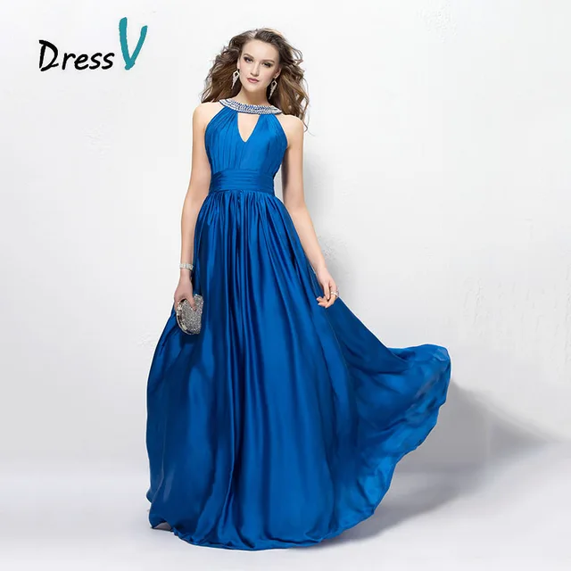 2016 Gorgeous Royal Blue Evening Dresses Beaded Sequins A Line Keyhole