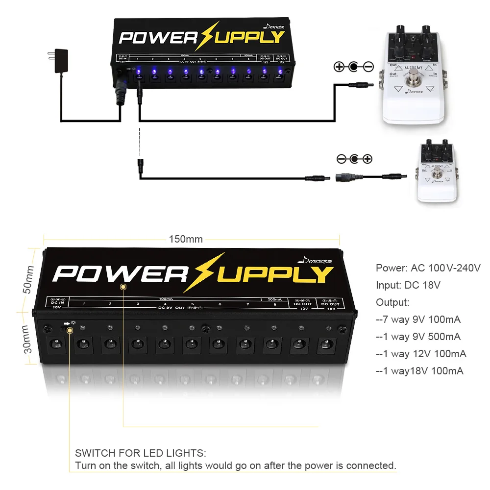 Donner гитарный эффект педаль питания комплект 10 изолированный DC Выход 9 в 12 В 18 в педаль напряжение короткого замыкания Защита от перегрузки по току