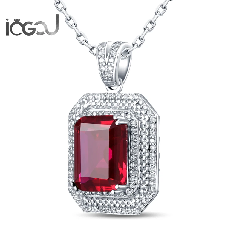 

IOGOU Rectangle Cut 925 Sterling Silver Red Sona Simulated White Gold Color Pendants HIPHOP Wedding Party 12x14mm Jewelry Gifts