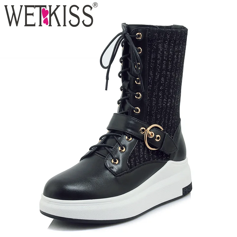 

WETKISS Stretch Women Ankle Boots Round Toe Cross Tied Footwear Casual Knitting Sock Boot Leather Platform Shoes Woman Winter