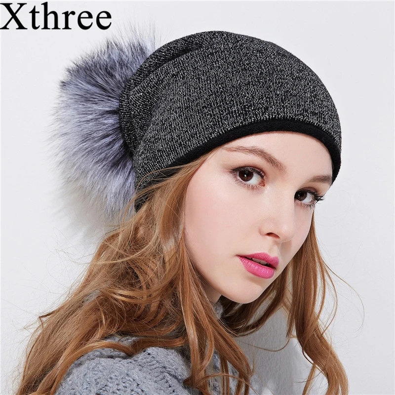 Женская зимняя Лыжная Шапочка Xthree с помпонами из натурального меха енота, шерстяная вязаная шапка Skullie, шапка для женщин и девочек, шапка feminino