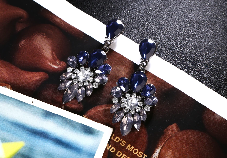 Новые модные трендовые Кристальные серьги из цинкового сплава, свисающие серьги с синими листьями растений для женщин, хорошее ювелирное изделие для женщин, XY-E49