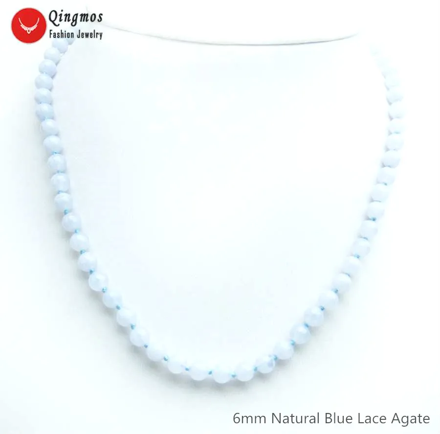 Qingmos Trendy Blue Lace Agates Necklace for Women with 6mm Round Natural Blue Lace Agates Stone Necklace Jewelry 17'' nec6545