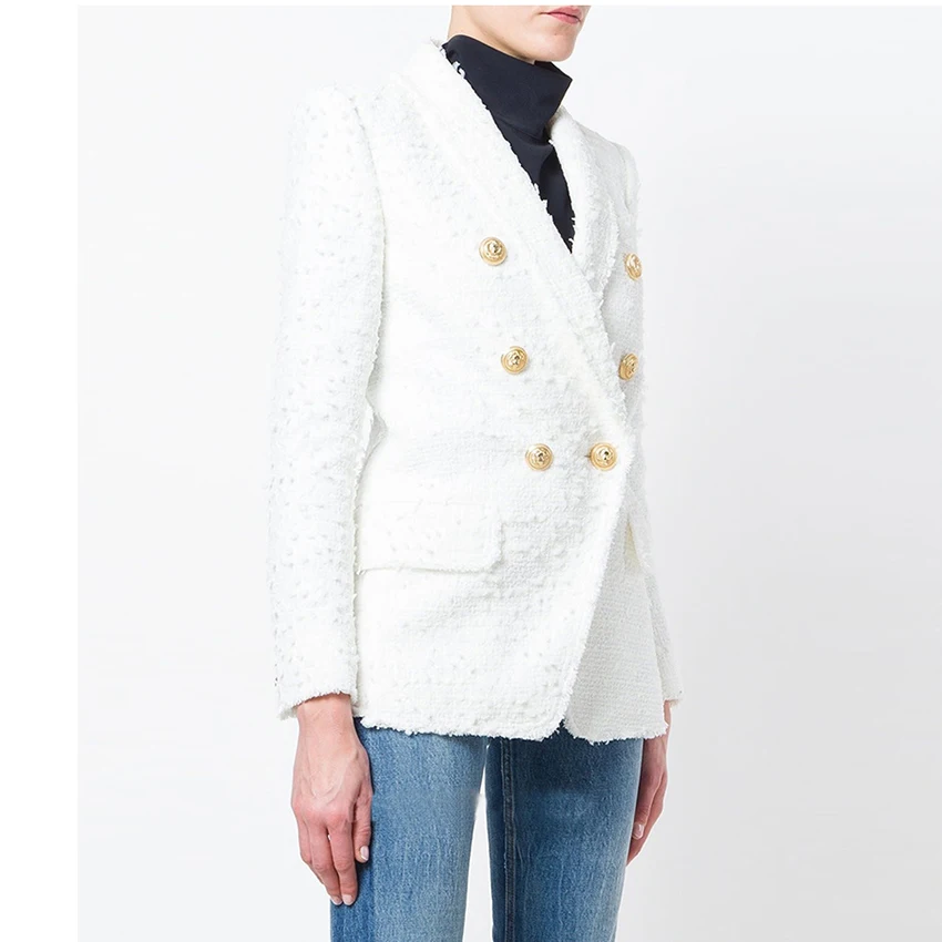 

EXCELLENT QUALITY 2018 Stylish Designer Blazer for Women Double Breasted Lion Buttons Shawl Collar Tweed Blazer
