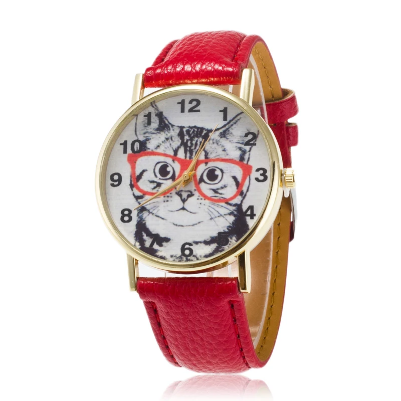 Fashion Womens Ladies Dial Watch Cute Lovely Cat Pattern Casual Faux Leather Band Quartz Analog Dress Students Wrist Watch Clock