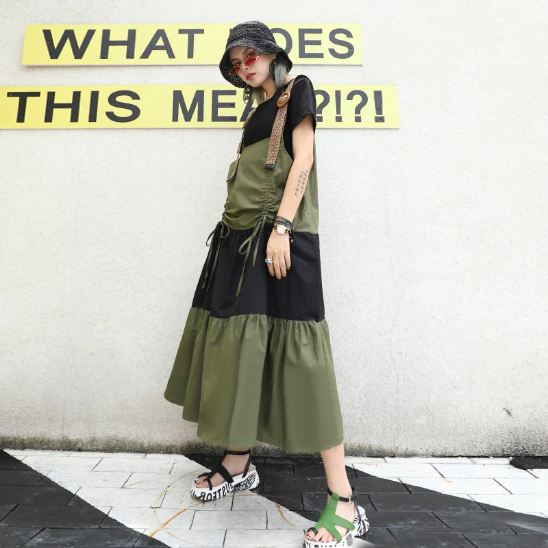 

Women Oversized Loose Casual Spliced Pleated Design Loose Casual Suspender Dress Female Streetwear Vintage Long Strap Dress