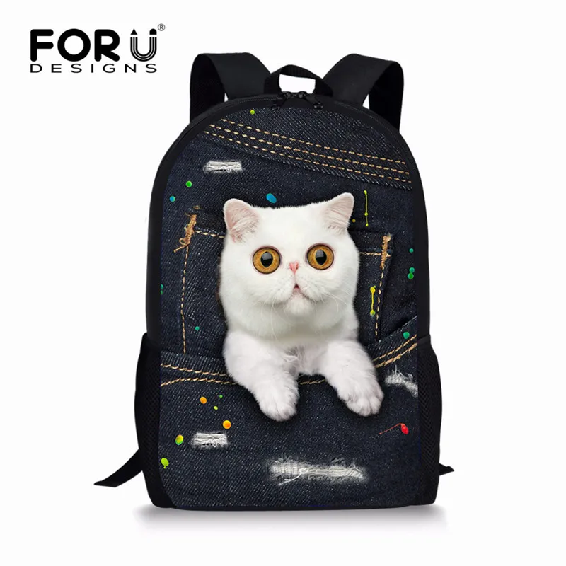 FORUDESIGNS/черные джинсовые дизайн с изображением животных; школьные рюкзаки для студентов, кошек и собак 3D печатных рюкзаки для мальчиков и девочек классный Детский рюкзак для книг, Mochila - Цвет: CC3322C