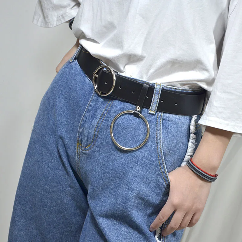 

VITORIA'S GIFT Famale Waist Belt Silver big Metal Ring Black Faux PU Long Belts Exaggerated Jeans Belts For Women BG-653