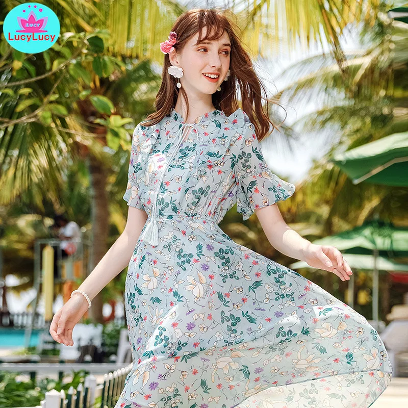 

2019 summer new European and American women's pullover print A word lady chiffon dress Knee-Length Butterfly Sleeve