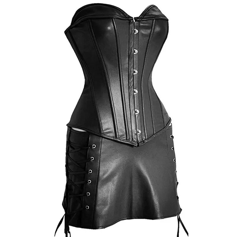 

Women Faux Leather Bustier Corset Dress Underwear Black Steampunk Shapewear Gothic Sexy Corselet Strapless Lace Up Body Corsets
