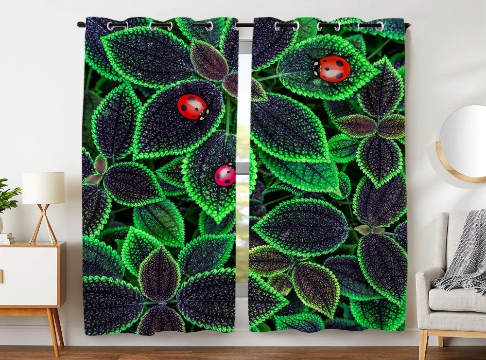 

HommomH Curtains (2 Panel) Grommet Top Darkening Blackout Room Colorful Ladybugs With Green Leaves