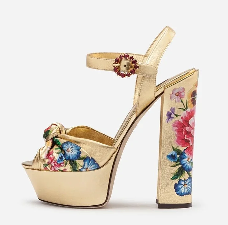 

New Arrivals Floral-Print Metallic Leather Platform Sandals Knotted Strap Block Heel Ladies Sandal Crystal Buckle Banquet Shoes