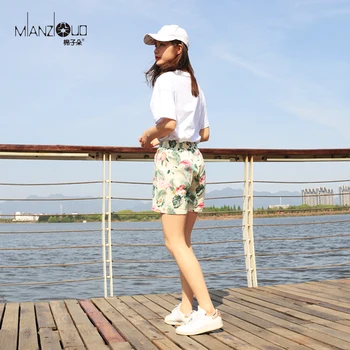 

2019 New Summer Woman Shorts Casual And High Elastic Cotton Beach Style Shorts With Belt Flowerprint Plus Size For Freeshipping